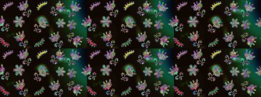 Raster deseni. Siyah, yeşil ve gri renklerde yaz çiçekleri. Küçük çiçekteki sevimli çiçek deseni. Raster illüstrasyonu.