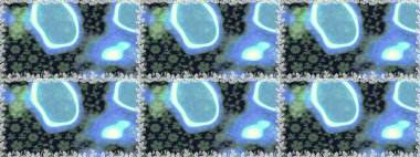 Kumaş, tekstil, duvar kağıdı baskısı için. Renkli desenli, mavi çiçekli ve dekoratif elementli kusursuz desen. Raster illüstrasyonu. Kusursuz bir geçmişi var. Antika retro tarzı.