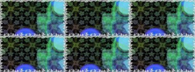 Kumaş, tekstil, duvar kağıdı baskısı için. Raster illüstrasyonu. Eski usul. Renkli desenli, yeşil çiçekli ve dekoratif elementli kusursuz desen. Kusursuz arkaplan.