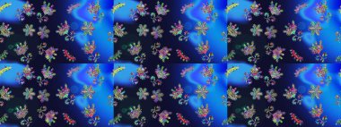 Çiçekli karalama şeklinde Raster çiçek deseni. Raster illüstrasyonu. Yumuşak, yaz çiçekleri mavi, gri ve yeşil renklerde.