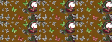 Kağıt, kumaş, ambalaj kağıdı ve duvar kâğıdı tasarımı için hoş bir arkaplan. Raster illüstrasyonu. El çizimi kelebekli moda raster yaz deseni. Çizim deseni.