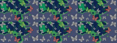 Dekoratif el çizimi kelebekler. Güzel bir kumaş tasarımı. Mavi renkli resim. Raster illüstrasyonu.