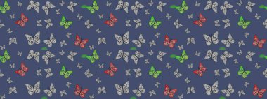 Doğadaki güzellik. Watercolor Style 'da uçan kelebeklerle eskiz kalıbı. Raster illüstrasyonu. Kumaş, Tekstil, Baskı ve Davetiye için arka plan. Mavi renkler üzerine resim.