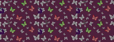 Giysi tasarımı için kahverengi arka planda geleneksel Raster halk çiçekleri dekoru. Nakış, egzotik kelebeklerle süslü çiçek eskiz deseni. Kart, yazdırma, davet için basit şirin desen.