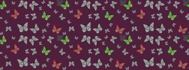 Tekrarlanan kelebekler. Sonsuz. Raster illüstrasyonu. Elle çizilmiş sevimli kız çizimi. Çizim, karalama, karalama.