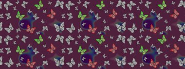 Kahverengi renkli resim. Raster illüstrasyonu. Dekoratif el çizimi kelebekler. Güzel kumaş tasarımı..