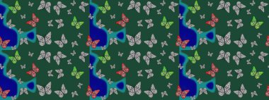 Bahar Kelebeği teması. Raster illüstrasyonu. Sonsuz. Çizim, karalama, karalama. Yeşil üzerine güzel bir kelebek kumaşı çizimi. Giysi kumaşı için böcek kumaşı parçası tekrarlanıyor.