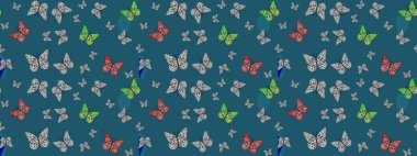 Robot resim. Davetiye, kart ve parmak izi için basit kadınsı bir model. Rastgele mavi kelebekler şirin desenler. Mavi arka planda kelebek. Raster illüstrasyonu.