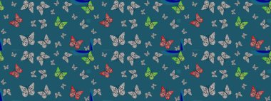 Kelebek yineleme dokusunun güzel çizimi karşıtlık katmanında izole edilmiş. Raster illüstrasyonu. Doğa kelebeği temayı mavi renklerle tekrarlıyor. Korunmak için vahşi yaşam böcekleri arka planı.