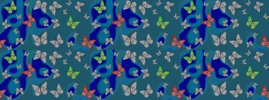 Tasarım için Raster Kelebekleri. Fantezi renkli resimler koleksiyonu. Kıyafet tarzı için mavi arka planda dekorasyon. Farklı renkte kelebeklerin çizimi. Raster illüstrasyonu.