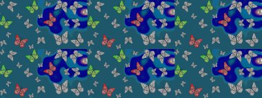 Bahar Kelebeği teması. Duvar kağıdı için böcek dokusunun tekrarı. Raster illüstrasyonu. Mavi lekeli güzel kelebek kumaşı dokusu..