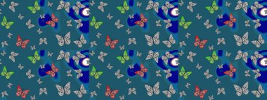 Kıyafetler, erkekler, kızlar ve duvar kağıtları için soyut çizim kalıbı. Boyama kitabı için uçan farklı güzel kelebekler. Böcekli eskiz kalıbı. Raster illüstrasyonu.