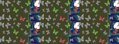 Robot resim. Raster illüstrasyonu. Yeşil arka planda kelebekler. Sonsuz. Çizim, karalama, karalama. Kelebeklerle tasarım.