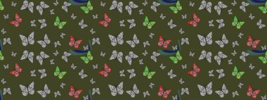 Kumaş, kağıt, ambalaj kâğıdı ve duvar kağıdı tasarımı için hoş bir arka plan. Kelebekli çizim şekli. Yeşil.