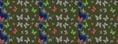 Eskiz geçmişi. Soyut renkli güzel kelebek. Yeşil renklerin çizimi. Raster illüstrasyonu.