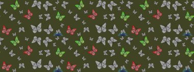 Yeşil, soyut suluboya kelebeklerle bezenmiş yumuşak bir deniz mavisi deseni. Yazdırmayı tekrarla. Sonsuz. Raster illüstrasyonu.