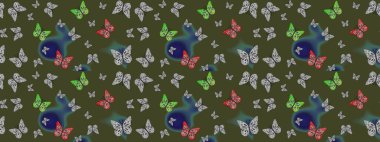 Yeşil arka planda kelebek desenli çizim. Kumaş, Tekstil, Baskı ve Davetiye için arka plan. Raster illüstrasyonu.