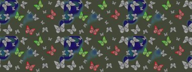 Çocuk kelebek çizim kalıbı. Çocuk için Raster Moda Kelebekleri duvar kağıdı. Yeşil arka planda güzel renkli kelebekler..