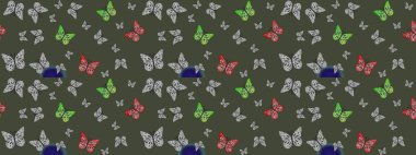 Çizim kalıbı. Yeşil renkte güzel renkli kelebekler. Kumaş, tekstil, baskı ve davetiye için arka plan. Raster illüstrasyonu.