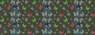 Giysi tasarımı için yeşil arka planda geleneksel Raster halk çiçekleri dekoru. Nakış, egzotik kelebeklerle süslü çiçek eskiz deseni. Kart, yazdırma, davet için basit şirin desen.