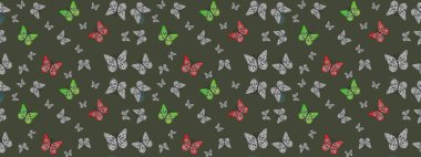 Giysi kumaşı için böcek dokusu parçası tekrarlanıyor. Çizim, karalama, karalama. Yeşil üzerine güzel bir kelebek kumaşı çizimi. Bahar Kelebeği teması. Sonsuz. Raster illüstrasyonu.