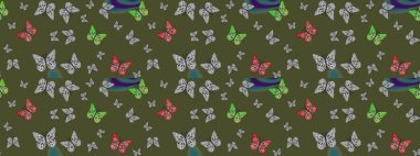 Elle çizilmiş sevimli kız çizimi. Çizim, karalama, karalama. Raster illüstrasyonu. Tekrarlanan kelebekler. Sonsuz.