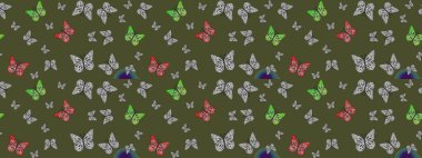 Doğadaki güzellik. Kumaş, tekstil, baskı ve davetiye örnekleri. Yeşil arka planda uçan güzel kelebek. Raster. Çizim deseni.