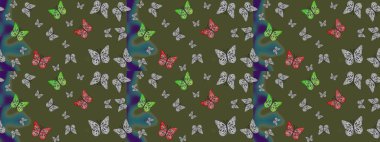 Giysi tasarımı için dekor arka planı. Parmak izi dokuları için sevimli kelebek çizimi deseni. Raster illüstrasyonu. Yeşil kelebek deseni.