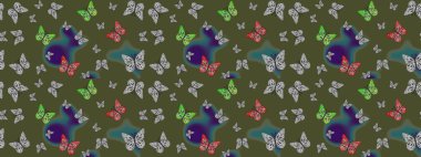 Kelebek yineleme dokusunun güzel çizimi karşıtlık katmanında izole edilmiş. Doğa kelebeği temayı yeşil renklerle tekrarlıyor. Raster illüstrasyonu. Korunmak için vahşi yaşam böcekleri arka planı.