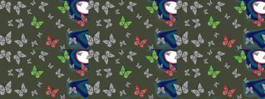 Renkli kelebeklerin eskiz geçmişi. Kumaş, kağıt, ambalaj kâğıdı ve duvar kağıdı tasarımı için güzel bir arka plan. Raster illüstrasyonu.