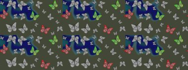 Güzel Kelebek Siluetleriyle Moda Dekorasyonu. Renkli Kelebeklerle Bahar Arkaplanı. Yeşil renkli Raster Arkaplanı. Kart, Davetiye, Yazdırma İçin Şirin Kadınsı Desen.