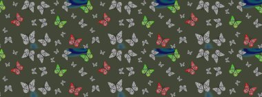 Raster illüstrasyonu. Kağıt, kumaş ve ambalaj için uygun. Robot resim. Kart, baskı ve davetiye için basit kadınsı bir model. Yeşil arkaplanda renkli kelebek koleksiyonu.