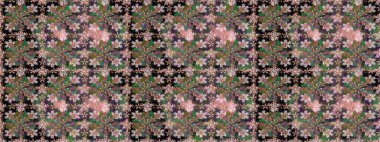 Yeşil renkli Asya tekstili. Raster illüstrasyonu. Çiçeklerle suluboya desenleri.