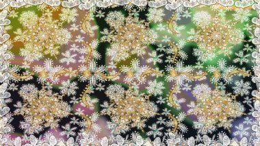 Tarafsız renklerde, altın elementlerle kusursuz desen. Kusursuz altın desenli bukleler. Parlak dantel, stilize çiçekler, şal desenli. Doğu tarzı arabesk. Raster. Zarif altın deseni aç.