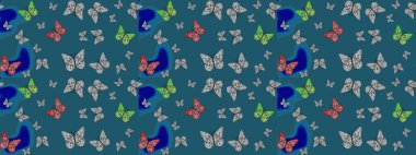 Raster Kelebekleri deseni. Duvar kağıtları, web sayfası geçmişi, yüzey dokuları, tekstil için mükemmel. Mavi renkli resimler, tropik kelebeklerle birlikte. Soyut çizim arkaplanı.