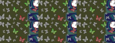 Kelebeklerle güzel bir moda modeli. Fantezi çizimi. Moda sevimli kumaş tasarımı. Raster illüstrasyonu. Yeşil renkli illüstrasyon.