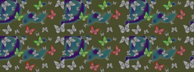 Raster illüstrasyonu. Yeşil renkli resim. Dekoratif el çizimi kelebekler. Güzel kumaş tasarımı..