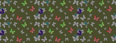 Bahar ve yaz tropikal kelebek eskiz deseni yeşil renklerde. Kelebek gölgeleri ve siluetler. Kumaş, kağıt ve ambalaj için uygun. Raster illüstrasyonu.