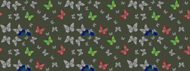 Kumaş, kağıt ve ambalaj için uygun. Güzel renkli kelebekler yeşil renklerde kaotik bir şekilde uçarlar. Uçan güvelerle çok renkli bir arka plan çiz. Parlak kelebek Raster 'ın eskiz geçmişi