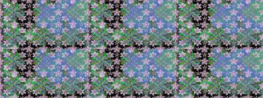 Çiçeklerle suluboya desenli çiçek deseni. Raster illüstrasyonu. Yeşil renkte güzel tekstil.