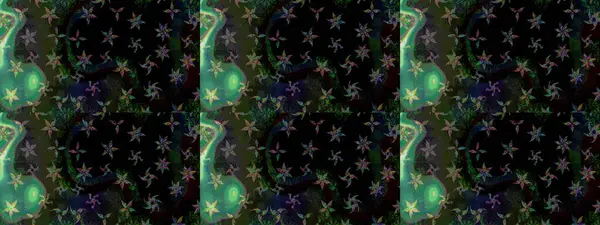 Raster hisseleri. Suluboya, elle çizilmiş. Siyah üzerine çiçekler. Taslak arkaplan deseni.