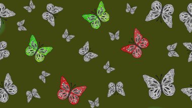 Albüm için resim. Raster illüstrasyonu. Renkli kelebeklerin eskiz geçmişi. Yeşil renkte sanat kelebekleri.