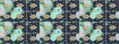 Tasarım için Damask çizim kalıbı. Mavi renkler ve altın elementler üzerine Raster çizim deseni.