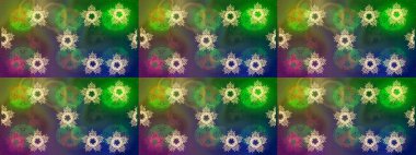 Kar taneleri radyal yeşil, mavi ve kahverengi renkler. Renkli arka planda güzel kar taneleri. Raster illüstrasyonu..