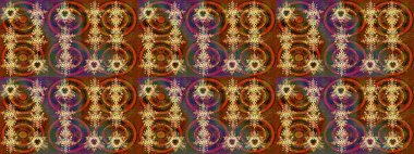 Raster illüstrasyonu. Patlayan çiçekler soyut olarak yerleştirilmiş. Kahverengi, yeşil ve turuncu renklerde bahar çiçekleri. Raster deseni.