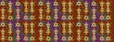 Raster illüstrasyonu. Patlayan çiçekler soyut olarak yerleştirilmiş. Kahverengi, yeşil ve turuncu renklerde bahar çiçekleri. Raster deseni.