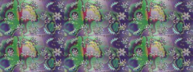 Raster illüstrasyonunda kusursuz çiçek deseni. Yeşil, nötr ve mor renkli çiçekler. Renkli Yaz Temalı Kusursuz Arkaplan. Düz Çiçek Elementleri Tasarımı.