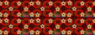 Kar tanelerinin soyut arkaplanlı Noel şablonu. Kahverengi, kırmızı ve yeşil kar taneleri. Raster illüstrasyonu. Renkler. Noel ve Yeni Yıl moda baskıları için tatil tasarımı.