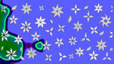 Çiçeksel elementlerle süslenmiş zarif raster dokusu. Mavi renkler ve parlak çiçekler üzerine soyut çizim deseni. Küçük çiçekte şirin bir çiçek deseni var..