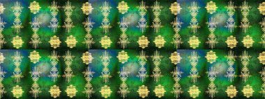 Kar tanelerinin soyut arkaplanlı Noel şablonu. Raster illüstrasyonu. Yeşil, mavi ve gri kar taneleri. Noel ve Yeni Yıl moda baskıları için tatil tasarımı.